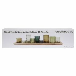Hot Sale 🤩 Gifts For Her 3R Studios Wood Tray With 9 Green Glass Votive Holders 🎉 -Christmas Gifts Sales Store detail5CREC1159