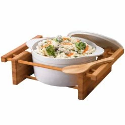 Promo 🔥 Top Gifts Creative Home Bamboo And Stoneware Grand Buffet Covered Casserole Bakeware Dish With Bamboo Cradles 🥰