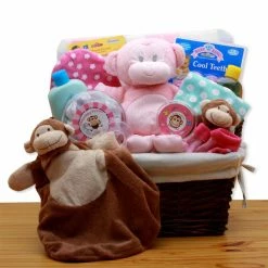 Best deal ❤️ Gift Baskets Gift Basket Drop Shipping A New Little Monkey New Baby Gift Basket - Pink 👏