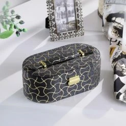 Best Sale 😉 Top Gifts ORE International Black Leather With Gold Swirl Piping Jewelry Case With Mirror Travel Case - 9.5W X 3.5H In. ✔️